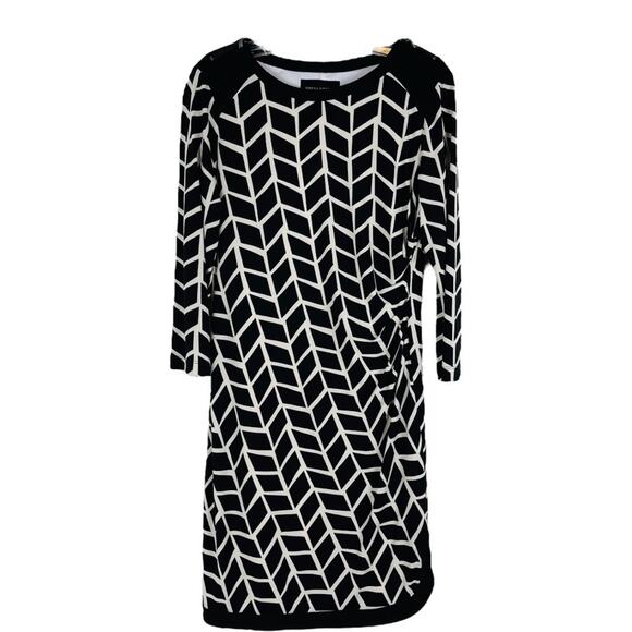 Donna Morgan black white stretch geometric zip ruched office preppy midi dress 8 - Picture 1 of 8